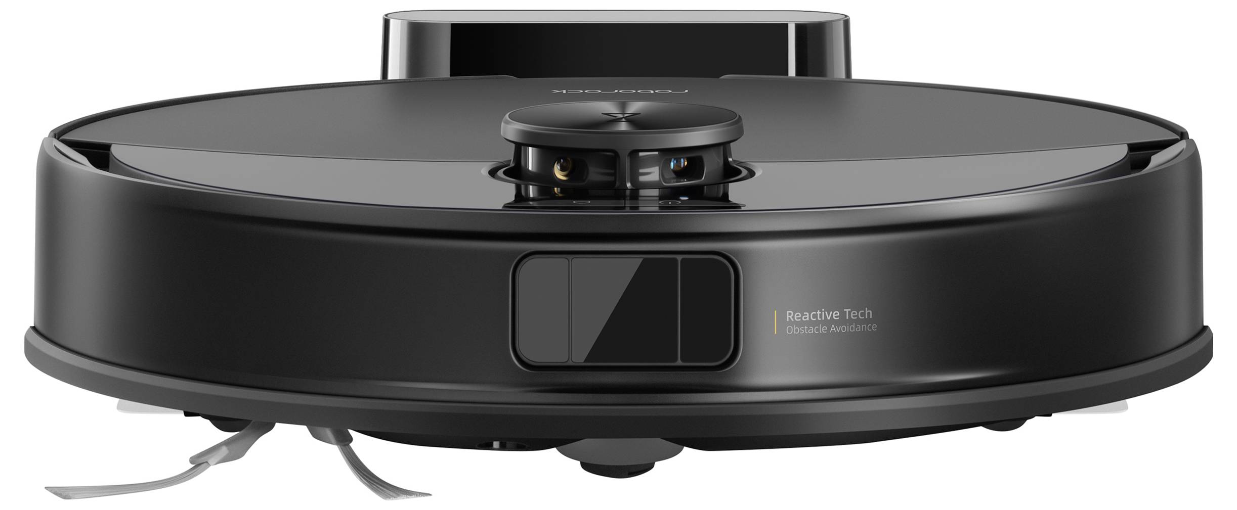 Ein schwarzer Roboterstaubsauger mit sichtbaren Sensoren und Bürsten, konzipiert für die automatisierte Reinigung von Böden in Wohnräumen.