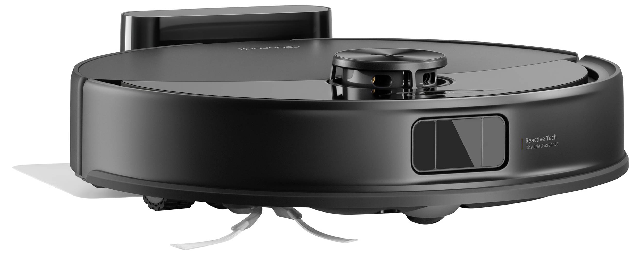 Schwarzer Roboterstaubsauger mit Sensoren oben und Bürsten darunter, entworfen, um Böden autonom zu reinigen.