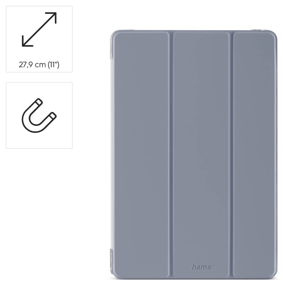 Graue Tablet-Hülle vertikal dargestellt mit klappbaren Abschnitten. Enthält ein Symbol, das anzeigt, dass es für ein 27,9 cm (11") Gerät passt, und ein Magnetsymbol.
