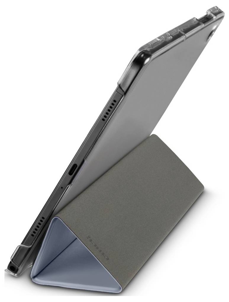 Ein Tablet wird von einem klappbaren, dreieckigen Ständer gestützt, von der Seite betrachtet, wobei sein schlankes Design und die Details des Ständers zu sehen sind.