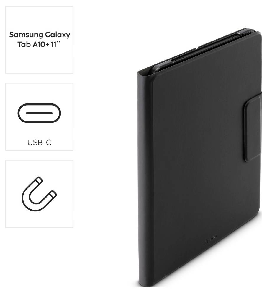 Schwarze Schutzhülle für „Samsung Galaxy Tab A10+ 11""; mit USB-C-Kompatibilität und magnetischem Verschluss.