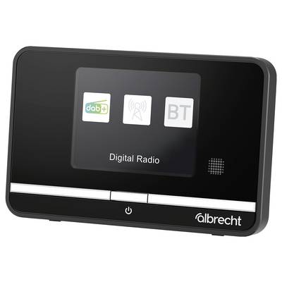 Digitales Radiogerät mit Symbolen für „dab+" und „BT". Markenname „albrecht" unten rechts. Einschaltknopf unter dem Bildschirm.