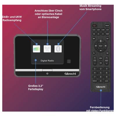'DAB+ und UKW Radioempfang, Anschluss über Cinch oder optisches Kabel, Musikstreaming vom Smartphone. Großes 3,2'' Farbdisplay mit Fernbedienung.'
