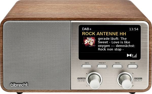Albrecht DR 760 Tischradio DAB+, UKW DAB+, AUX, Bluetooth® Echtholzgehäuse, Inkl. Lautsprecherbox Holz, Braun, Silber