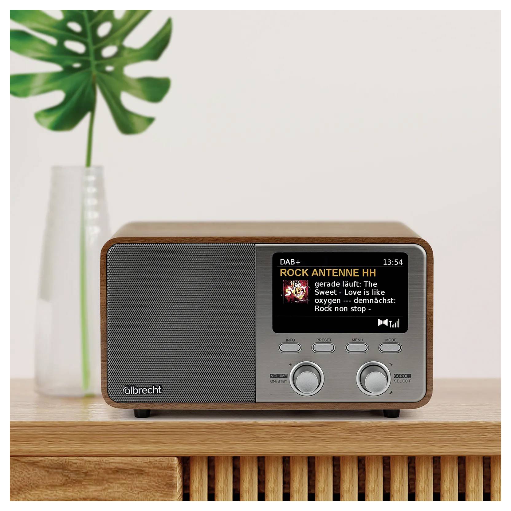 Ein digitales Holzradio mit Tischplatte, auf dessen Display der Sender „ROCK ANTENNE" und ein Lied von „The Sweet" angezeigt wird. Es steht auf einer Holzoberfläche mit einer Pflanze im Hintergrund.