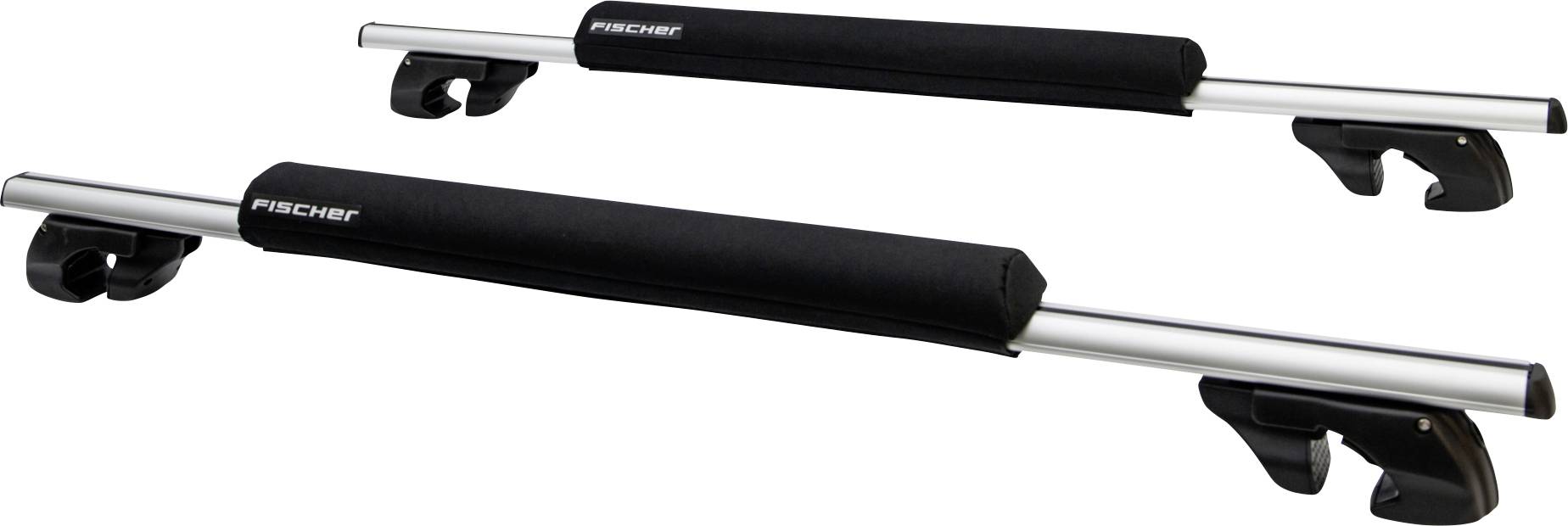 Zwei silberne und schwarze Dachträger mit gepolsterten Abdeckungen, konzipiert zur Montage auf Autodächern, um Gepäck oder andere Ladung zu sichern.