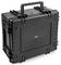 Ein robustes schwarzes Kunststoff-Transportgehäuse mit strukturiertem Griff und sicheren Verschlüssen, entwickelt zum Schutz und Transport von Ausrüstung.