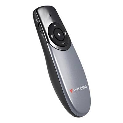 Eine Verbatim-Präsentationsfernbedienung mit einem zentralen Steuerpad, einer Laserpointer-Taste und einem Ein-/Ausschalter.