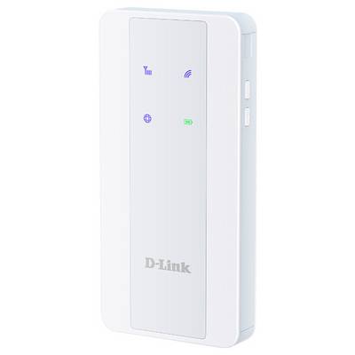 Ein weißer D-Link Wi-Fi-Router mit LED-Anzeigen für Signalstärke, Konnektivität und Batteriezustand. Der Router ist schlank und tragbar.