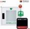 "Wandmontierter Defibrillatorschrank mit Alarmindikator und AED-Gerät. Primedic-Logo mit dem Slogan „Rettet Leben. Überall.""