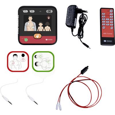 AED-Trainingsset mit Steuereinheit, Netzteil, Fernbedienung, Elektrodenplatzierungsdiagrammen und Trainingskabeln zum Üben der Defibrillatorverwendung