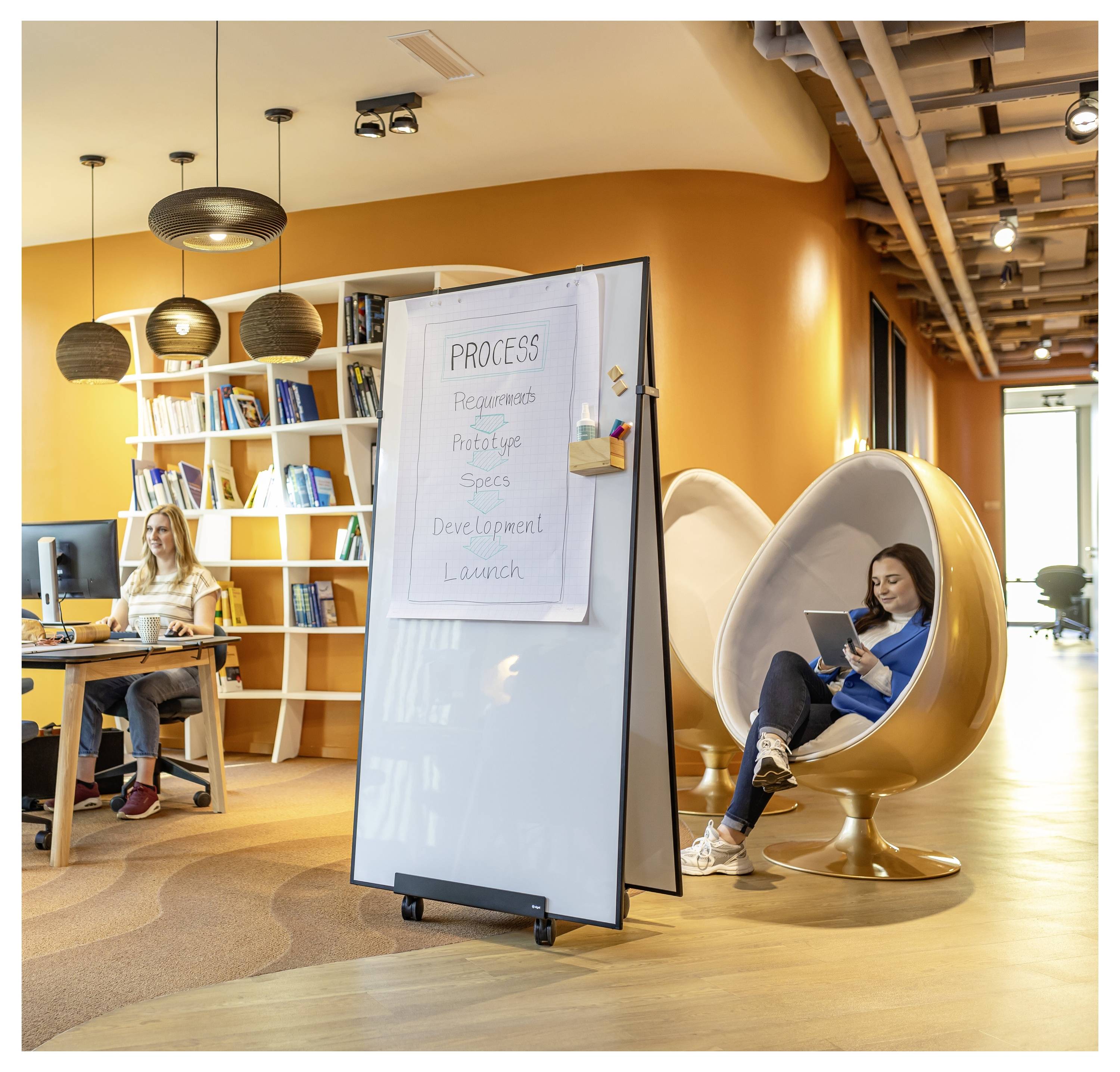 Ein modernes Büro mit orangenem Thema. Ein Flipchart zeigt „PROZESS: Anforderungen, Prototyp, Spezifikationen, Entwicklung, Start". Eine Person sitzt und arbeitet an einem Schreibtisch, eine andere liest in einem Podiumsstuhl.
