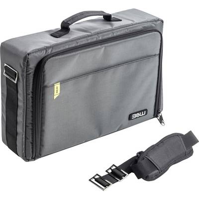 Graue Laptoptasche mit Griff und abnehmbarem Riemen, mit einer vorderen Reißverschlusstasche und einem gelben „16-Zoll"-Etikett, mit dem Markennamen „MY" auf der Tasche.