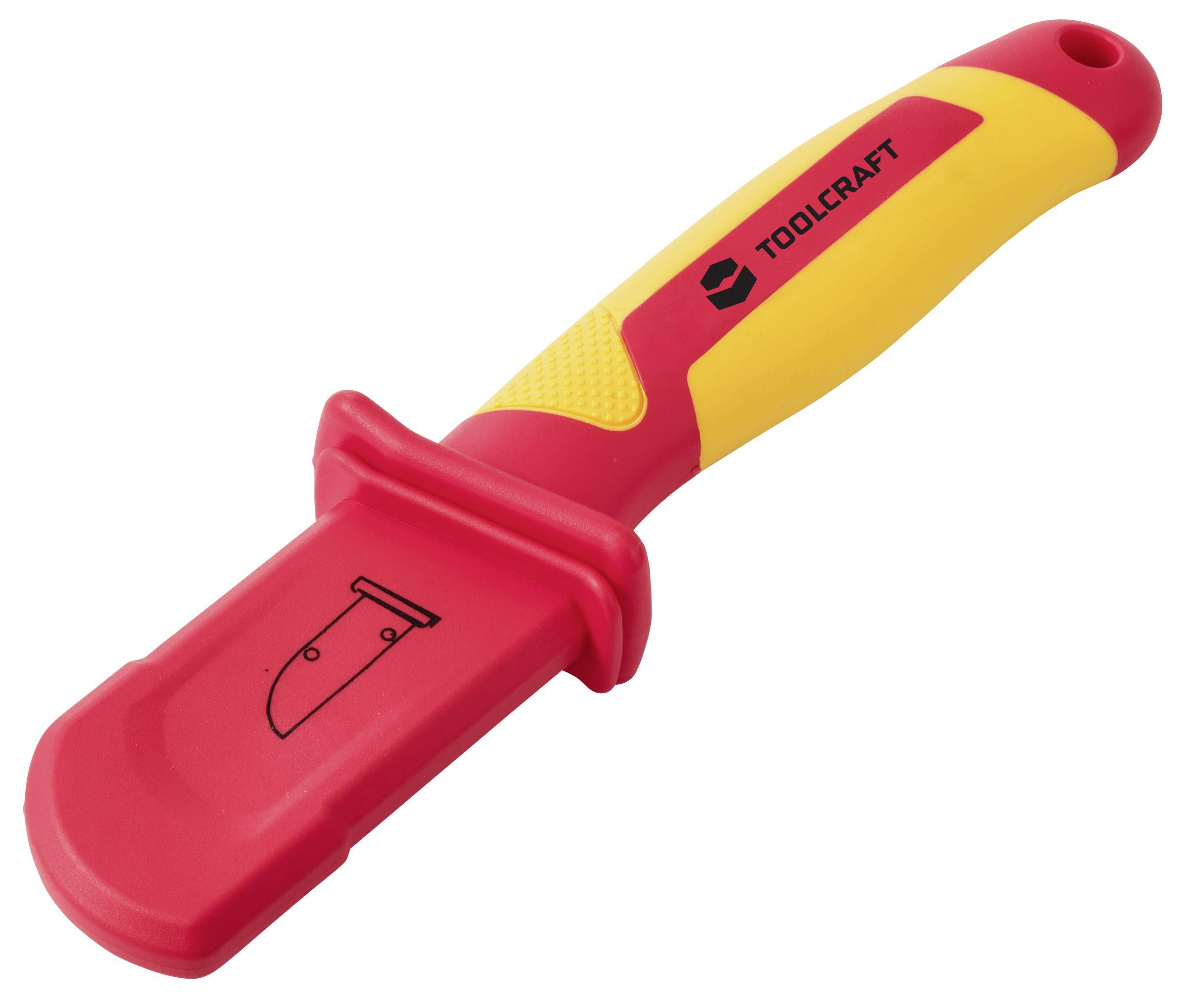 Rot-gelbes isoliertes Handwerkzeug mit "TOOLCRAFT"-Branding und einem Klingensymbol auf dem Griff, gezeigt auf weißem Hintergrund.