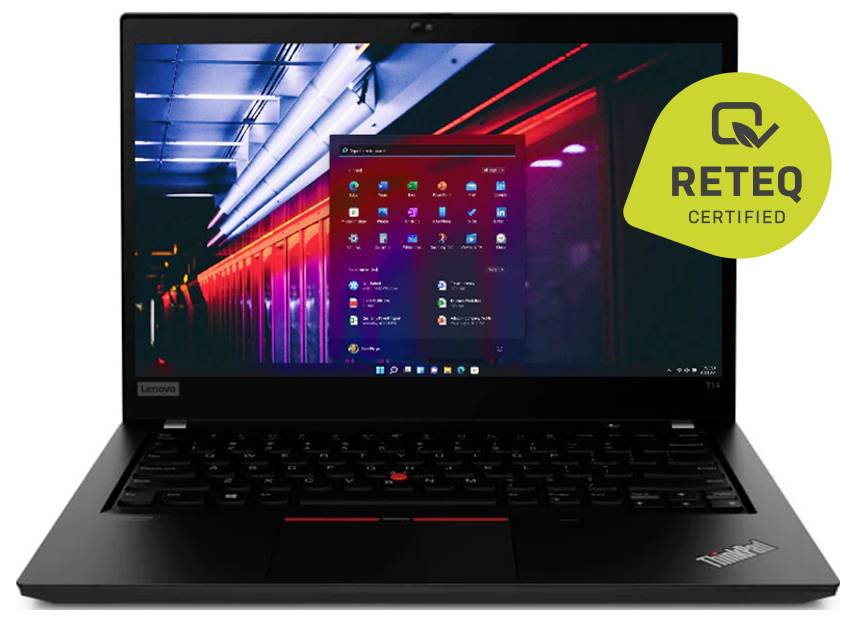 Ein schwarzes Lenovo ThinkPad Laptop mit einer farbenfrohen digitalen Benutzeroberfläche auf dem Bildschirm und einem „RETEQ Certified"-Abzeichen in der oberen rechten Ecke.