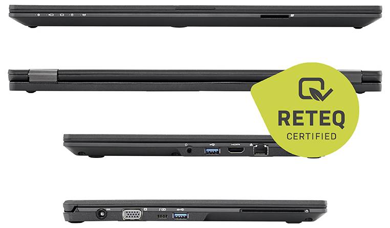 Seitenansichten eines geschlossenen schwarzen Laptops, die verschiedene Anschlüsse und ein "RETEQ Certified"-Abzeichen zeigen, das die Aufarbeitungsqualität anzeigt.