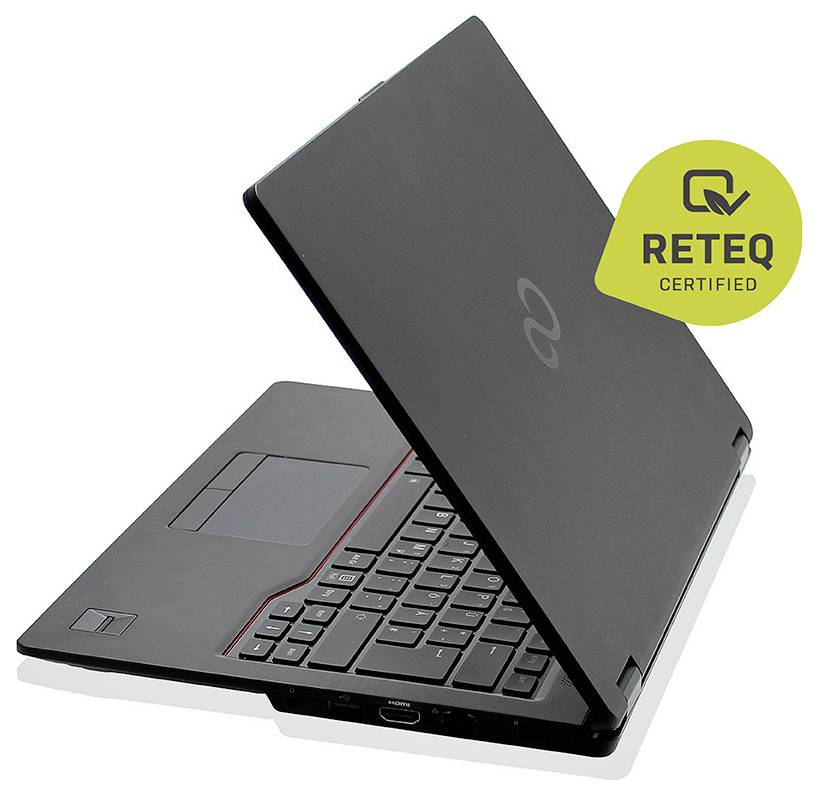 Ein schwarzer Laptop, der teilweise geöffnet ist und ein Abzeichen "RETEQ Certified" anzeigt.
