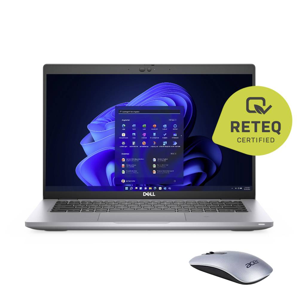 Ein silberner Laptop mit einem blau gestalteten Bildschirm und einem Menü. Daneben befindet sich eine passende silberne Maus. Ein „Reteq Certified"-Abzeichen ist sichtbar.