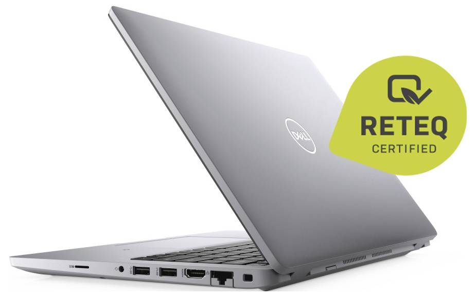 Silberner Laptop, teilweise geschlossen, mit dem Abzeichen „RETEQ Certified", das Umweltverträglichkeit kennzeichnet. Sichtbare Anschlüsse sind USB und HDMI.