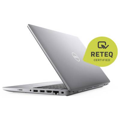 Silberner Laptop, teilweise geschlossen, mit dem Abzeichen „RETEQ Certified", das Umweltverträglichkeit kennzeichnet. Sichtbare Anschlüsse sind USB und HDMI.