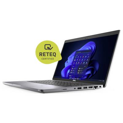 Ein Dell-Laptop, der den Windows-11-Desktopbildschirm anzeigt, mit einem „RETEQ Certified"-Logo daneben, das den Zertifizierungsstatus anzeigt.