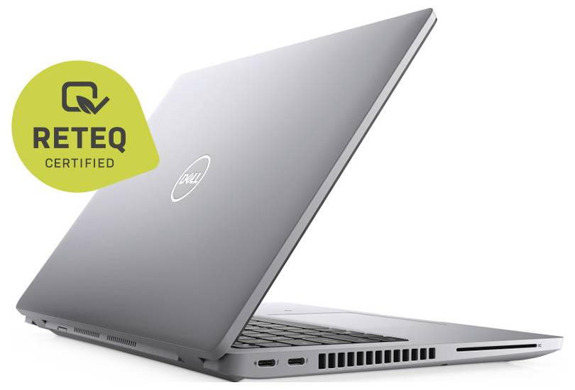 „Silver Dell Laptop teilweise geöffnet auf weißem Hintergrund mit REQET-Zertifikat-Badge in der oberen linken Ecke."