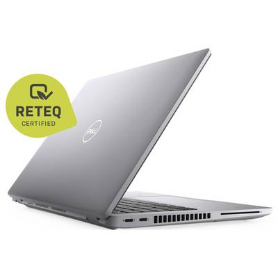 „Silver Dell Laptop teilweise geöffnet auf weißem Hintergrund mit REQET-Zertifikat-Badge in der oberen linken Ecke."