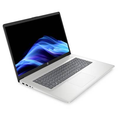 Ein silberner Laptop mit einem wellenförmigen blauen Lichtdesign auf dem Bildschirm, in einem Winkel geöffnet, zeigt eine schwarze Tastatur und mehrere Anschlüsse an der Seite.