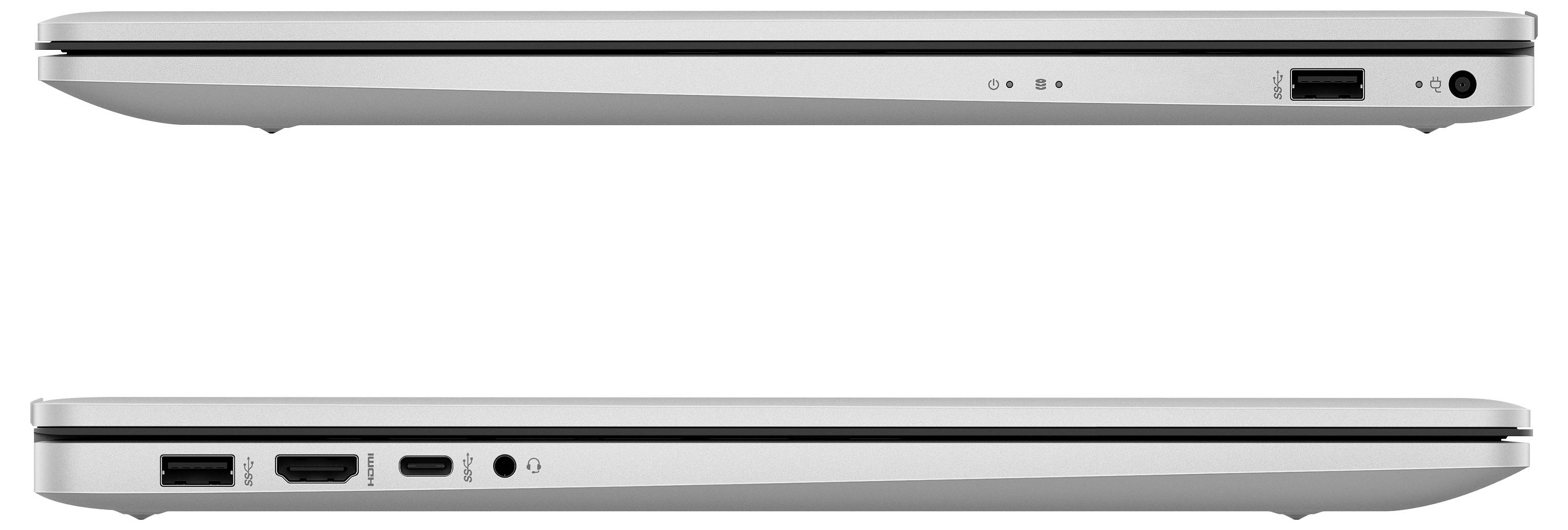Seitenansicht von zwei schlanken silbernen Laptops mit verschiedenen Anschlüssen, darunter USB, HDMI und Audioanschluss auf jedem Gerät.