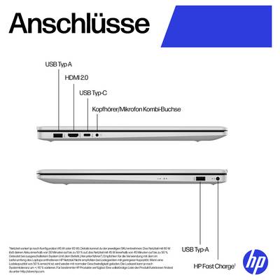 Seitenansicht des Laptops mit USB Type-A, USB Type-C, HDMI 2.0 und Kopfhörer-/Mikrofon-Kombibuchse. HP Fast Charge-Funktion.