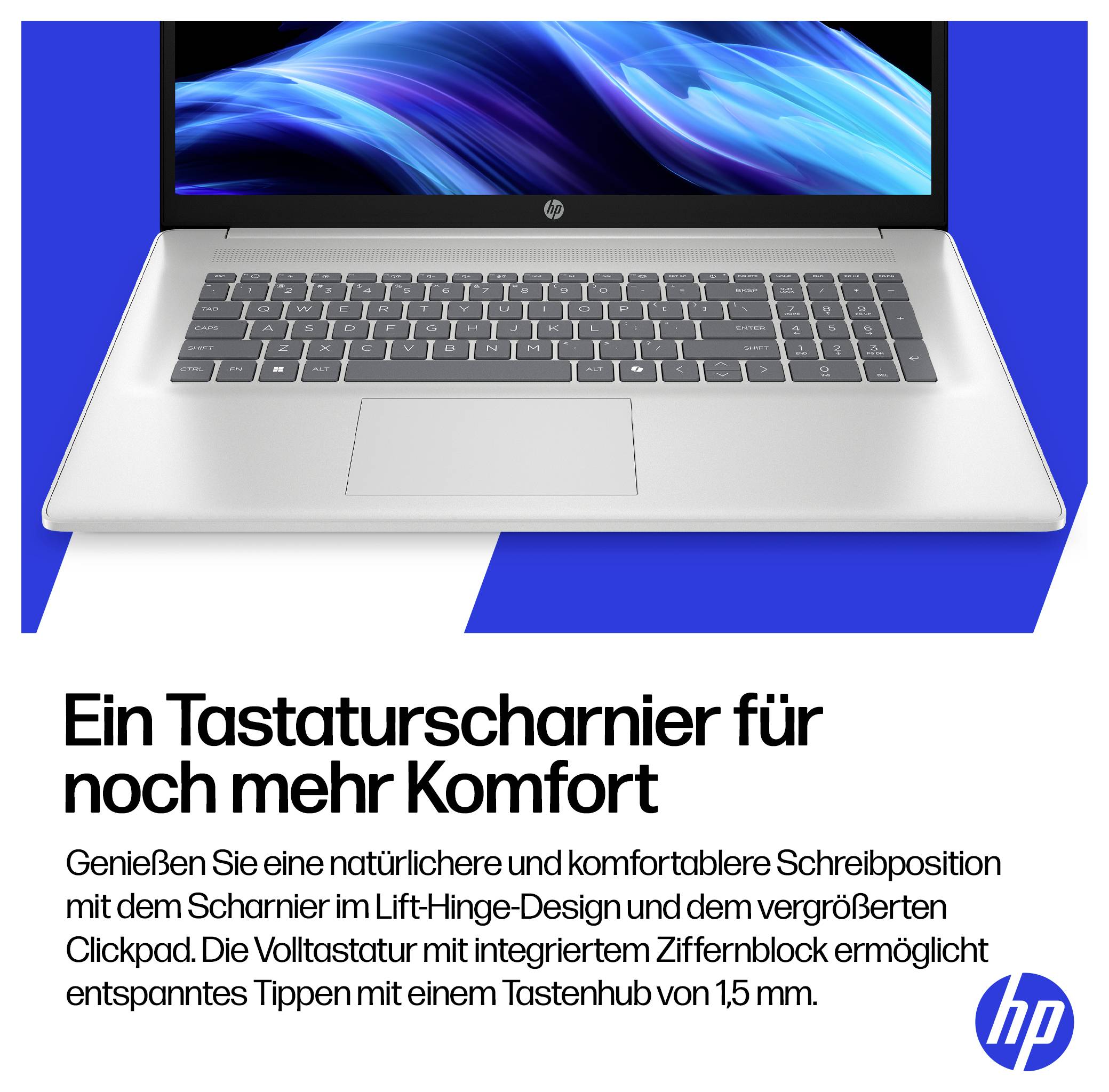 Ein Laptop mit einem blauem Wellenmuster auf dem Bildschirm ist über dem Text positioniert: „Ein Tastaturscharnier für noch mehr Komfort". Hebt das natürliche, komfortable Tippen hervor.