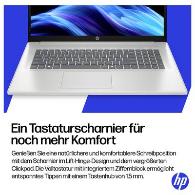 Ein Laptop mit einem blauem Wellenmuster auf dem Bildschirm ist über dem Text positioniert: „Ein Tastaturscharnier für noch mehr Komfort". Hebt das natürliche, komfortable Tippen hervor.