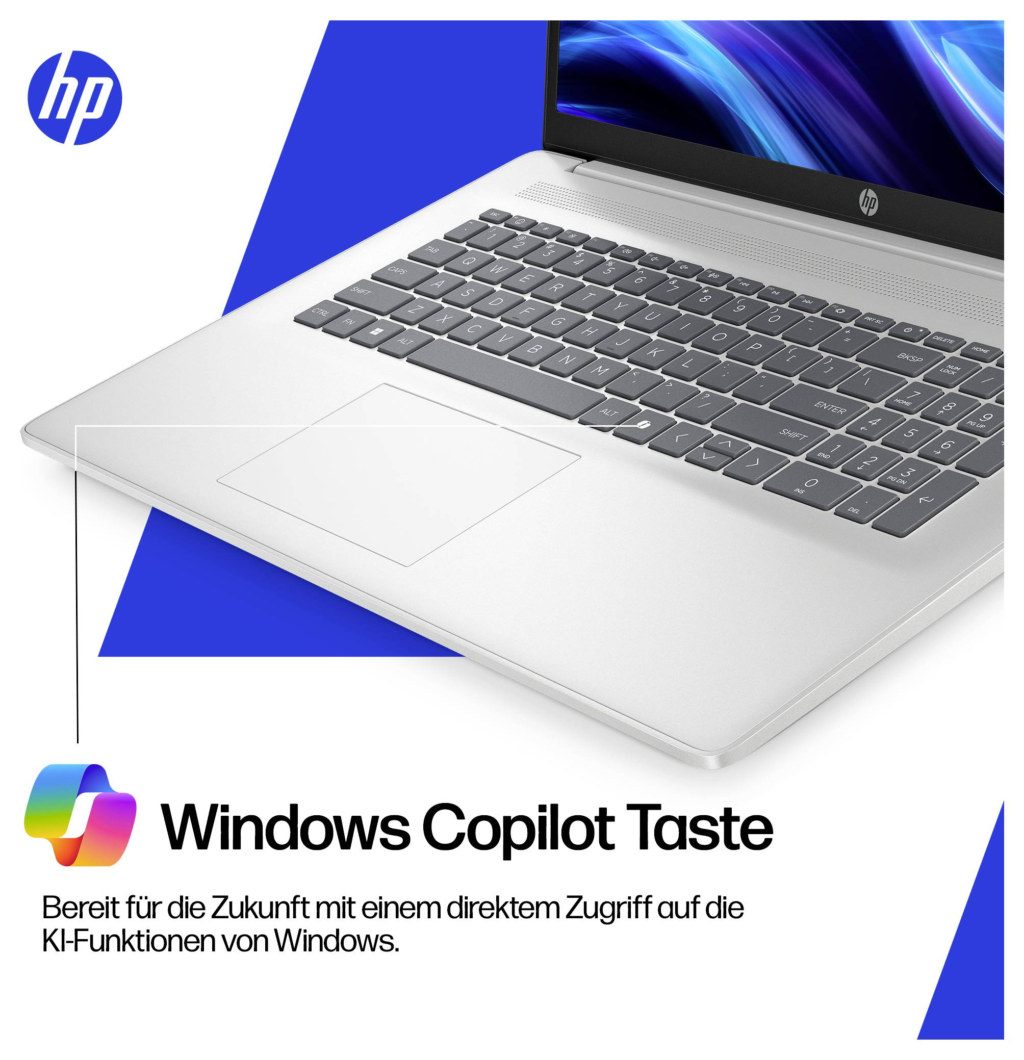 Ein silberner Laptop mit sichtbarem Tastaturdesign. Der Text lautet: „Windows Copilot-Taste. Bereit für die Zukunft mit direktem Zugriff auf die KI-Funktionen von Windows."