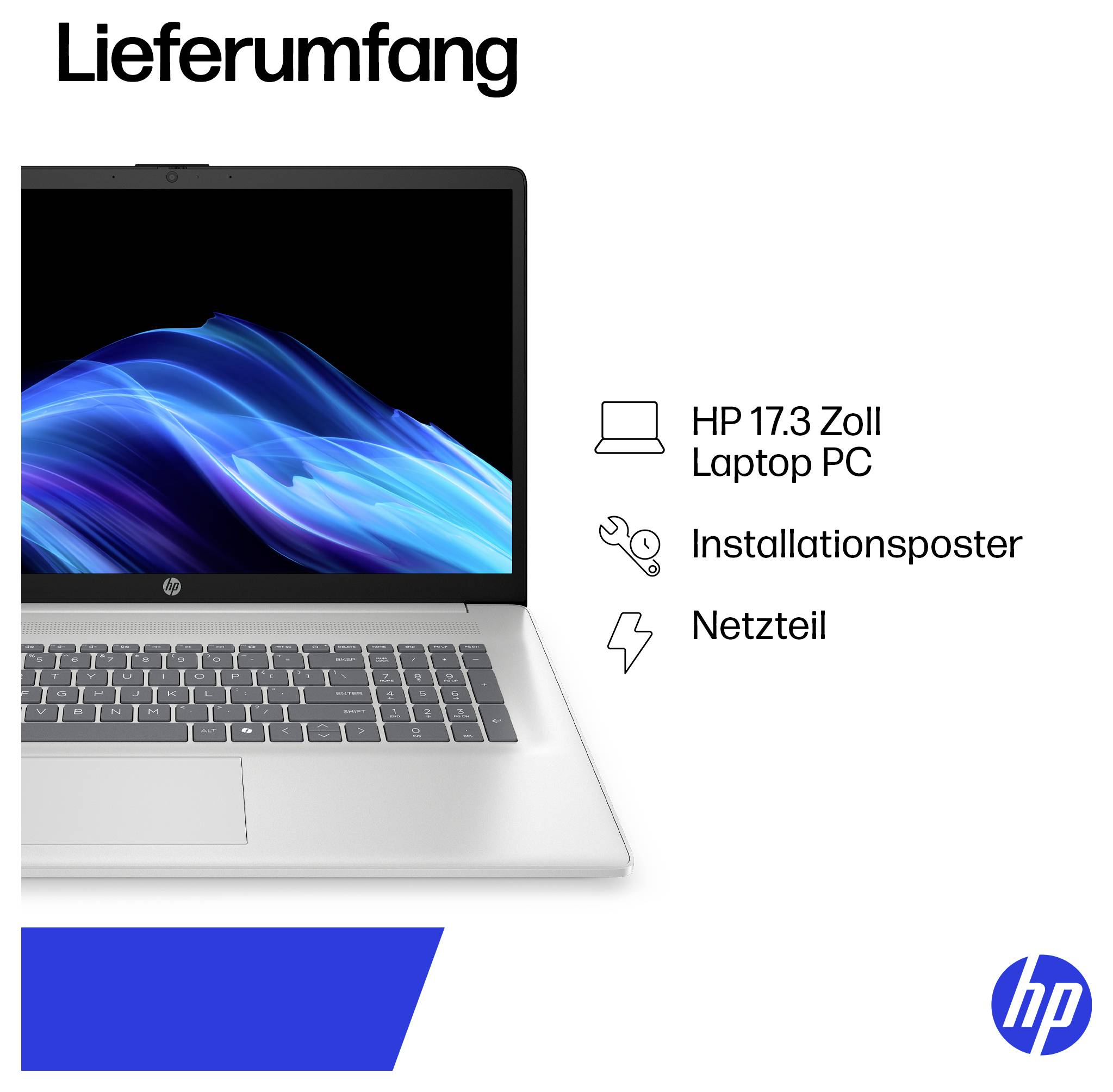 „Lieferumfang" umfasst einen HP 17,3-Zoll-Laptop-PC, ein Installationsplakat und ein Netzteil.