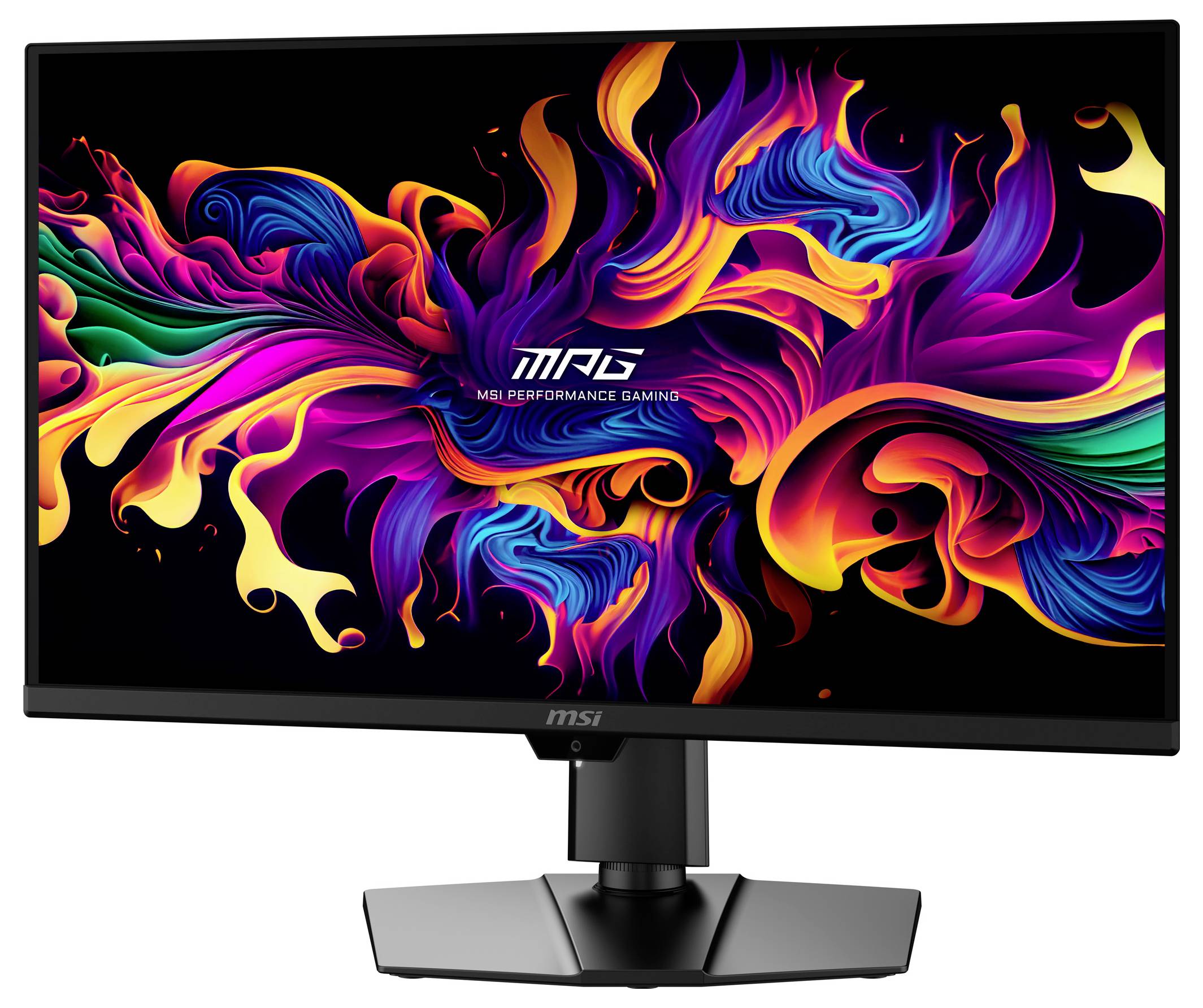 Ein Computermonitor, der ein lebendiges, farbiges abstraktes Design mit wirbelnden Mustern zeigt, mit der Aufschrift „MSI Performance Gaming".