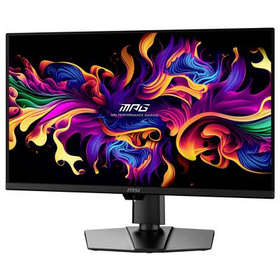 Ein Computermonitor, der ein lebendiges, farbiges abstraktes Design mit wirbelnden Mustern zeigt, mit der Aufschrift „MSI Performance Gaming".