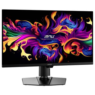 Ein Monitor zeigt ein lebendiges, mehrfarbiges abstraktes Design mit wirbelnden Mustern. Das MSI-Logo ist auf der Bildschirmmitte positioniert.