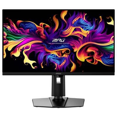 Ein Computermonitor, auf dem farbenfrohe abstrakte Kunstwerke mit wirbelnden Mustern und dem Logo "MSI Performance Gaming" in der Mitte angezeigt werden.