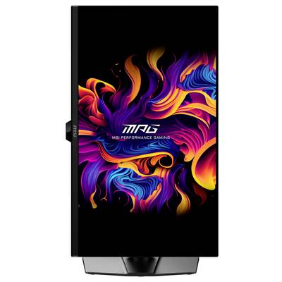 MSI Performance Gaming Text auf einem Monitor-Bildschirm mit abstrakten, farbenfrohen Wirbeln in Rot-, Orange-, Lila- und Blautönen.