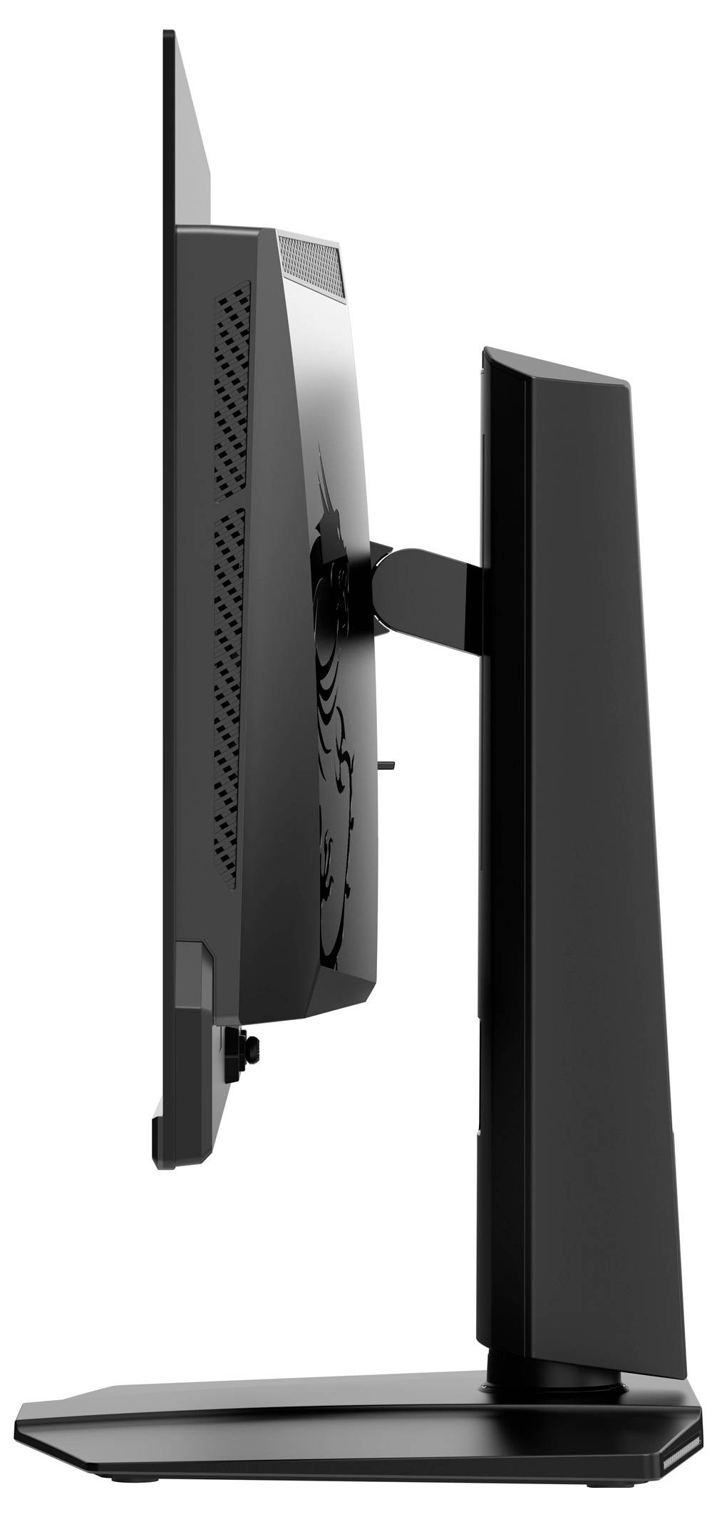 Seitenansicht eines eleganten Flachbildschirm-Monitors auf einem stabilen Ständer, der sein schlankes Design und die moderne Technologie hervorhebt.