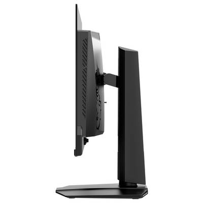 Seitenansicht eines eleganten Flachbildschirm-Monitors auf einem stabilen Ständer, der sein schlankes Design und die moderne Technologie hervorhebt.