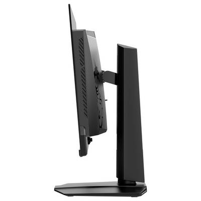 Eine Seitenansicht eines eleganten, schwarzen, flachen Computermonitors auf einem stabilen Ständer, der sein dünnes Profil und sein minimalistisches Design zur Geltung bringt.