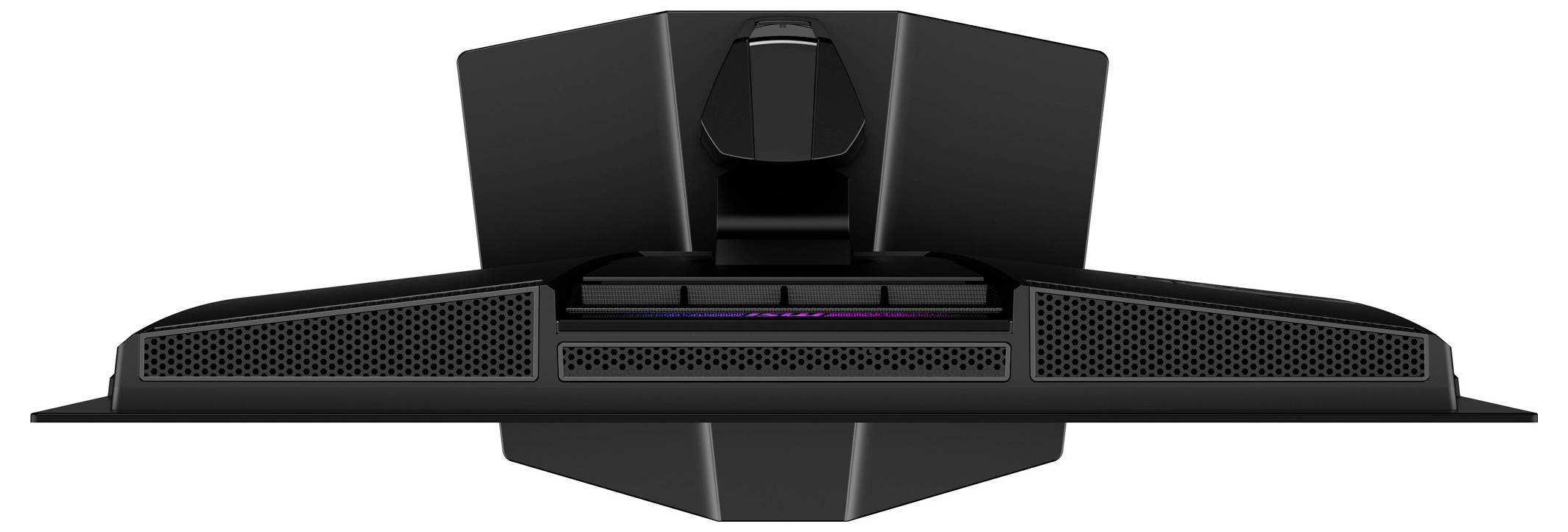 Ein schwarzer Gaming-Monitor von hinten betrachtet, mit einem charakteristischen kantigen Design und Belüftungsöffnungen nahe der Basis zur Kühlung.