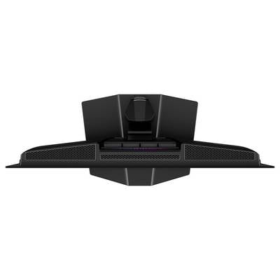 Ein schwarzer Gaming-Monitor von hinten betrachtet, mit einem charakteristischen kantigen Design und Belüftungsöffnungen nahe der Basis zur Kühlung.