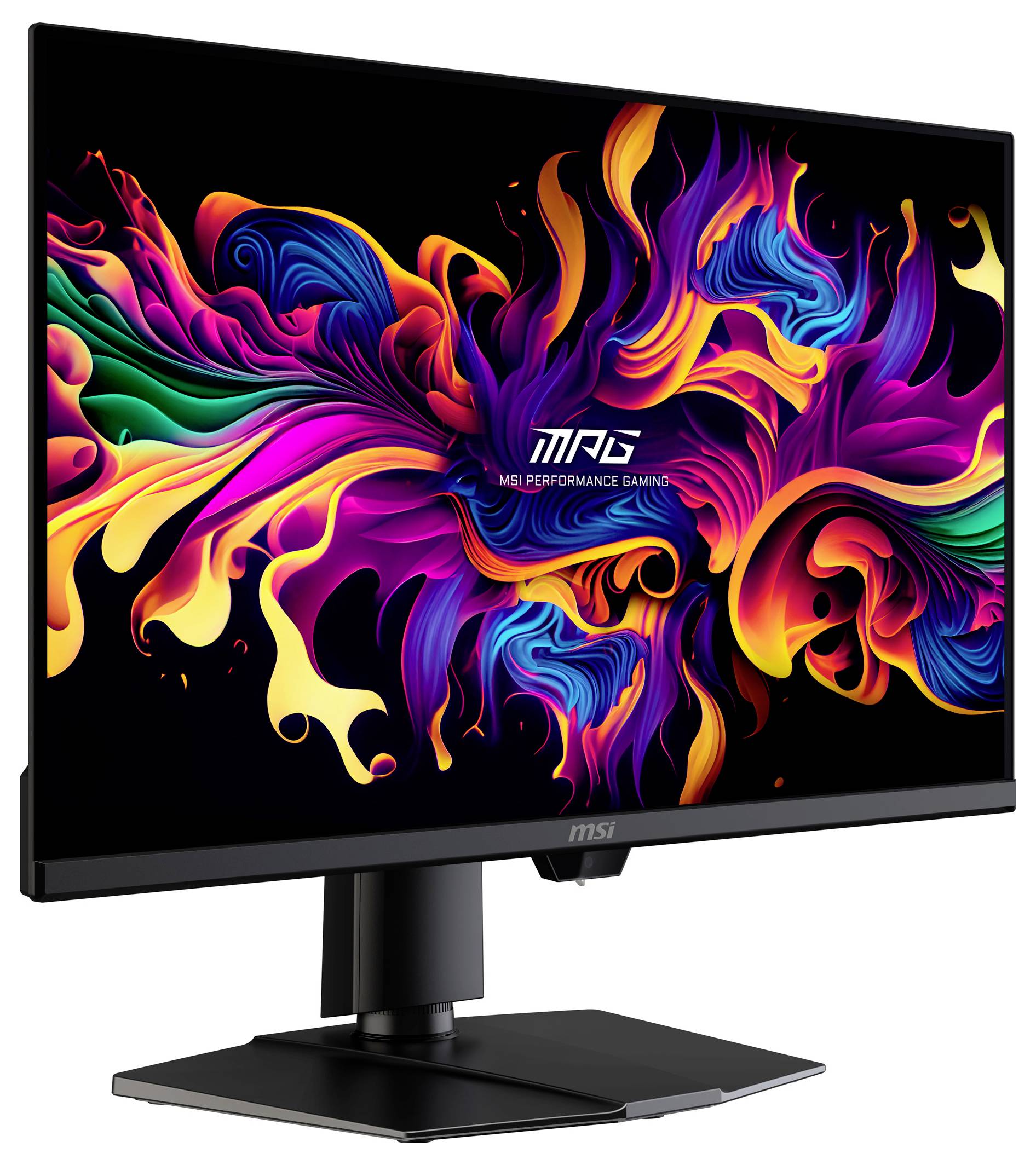 Ein Computermonitor zeigt lebendige, abstrakte, farbenfrohe Wirbel auf dem Bildschirm. Der Ständer und die Basis sind elegant gestaltet und betonen die Anzeige.