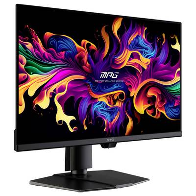 Ein Computermonitor zeigt lebendige, abstrakte, farbenfrohe Wirbel auf dem Bildschirm. Der Ständer und die Basis sind elegant gestaltet und betonen die Anzeige.