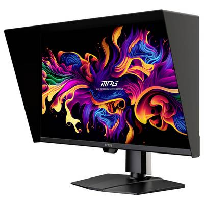 Ein Computermonitor zeigt ein lebendiges, abstraktes Design in Rot-, Orange-, Lila- und Blautönen mit dem Text „MSI Performance Gaming".