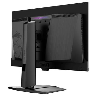Ein schwarzer Computermonitor von hinten betrachtet, mit einem Drachen-Logo und verschiedenen Lüftungsöffnungen auf der Rückseite. Der Ständer ist sichtbar mit stabilen Stützpfeilern.