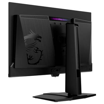Ein schwarzer Computermonitor von hinten betrachtet, mit einem stilisierten Drachen-Logo auf dem Gehäuse und einem verstellbaren Ständer.