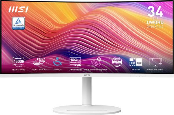 MSI Modern MD342CQPWDE LED-Monitor  EEK F (A - G) 86.4 cm (34 Zoll) 3440 x 1440 Pixel 21:9 4 ms HDMI®, DisplayPort, USB-A (USB 2.0), USB-B, USB-C® (USB 2.0), Kopfhörer-Buchse VA LED
